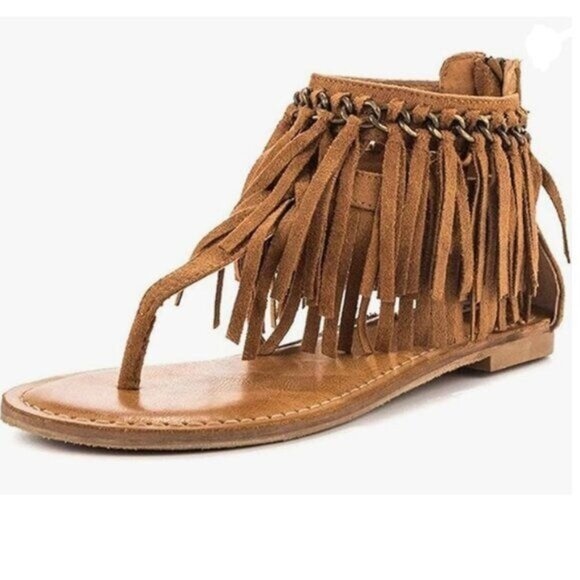 YDN Brown Flip Flop Fringes Thong Flats Women Suede Tassels Metal Chain Sandals - Picture 1 of 8